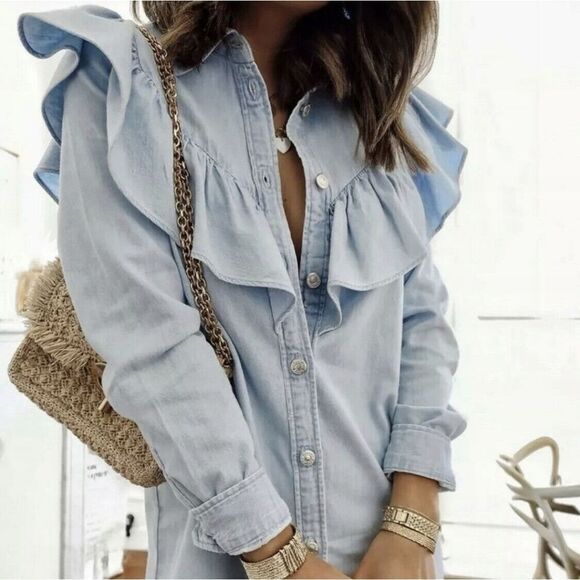 ZARA Dress Womens Extra Small Blue Ruffle Denim Mini Shirt Dress Blogger Fave - Picture 13 of 14